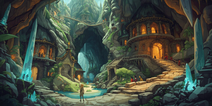 Ilustracja przedstawiająca mityczne podziemne królestwo Agarta we wnętrzu Ziemi, z rozległymi tunelami, światłem bijącym z głębi i sylwetkami tajemniczej cywilizacji