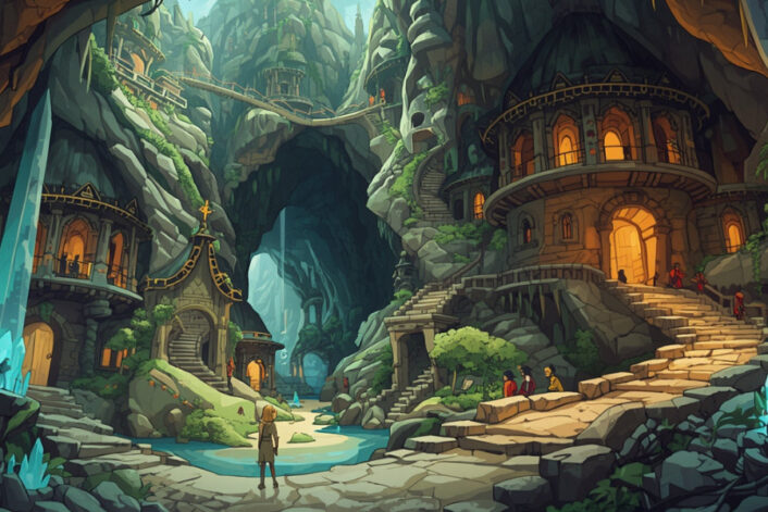 Ilustracja przedstawiająca mityczne podziemne królestwo Agarta we wnętrzu Ziemi, z rozległymi tunelami, światłem bijącym z głębi i sylwetkami tajemniczej cywilizacji